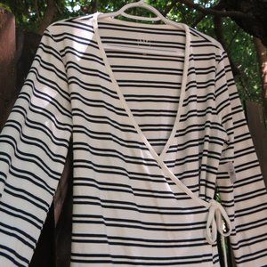 NWT GAP Black White Horizonal Stripe Wrap Tie Shirt Cotton Modal Knit size L